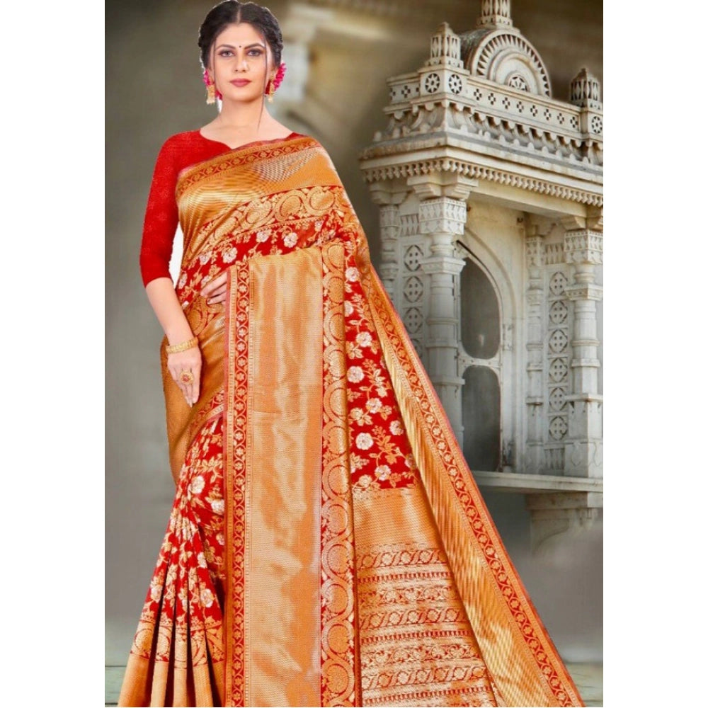 Women'S Litchi Silk Printed Saree With Unstitched Blouse (Red)