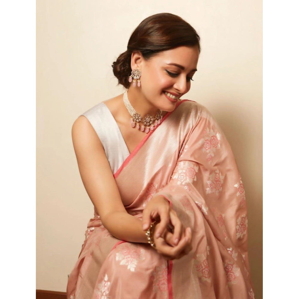 Women'S Litchi Silk Printed Saree With Unstitched Blouse (Peac