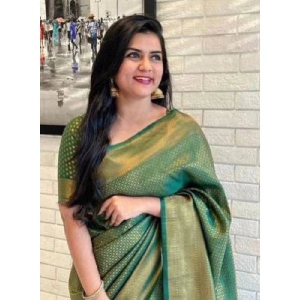 Women'S Litchi Silk Printed Saree With Unstitched Blouse (Gree