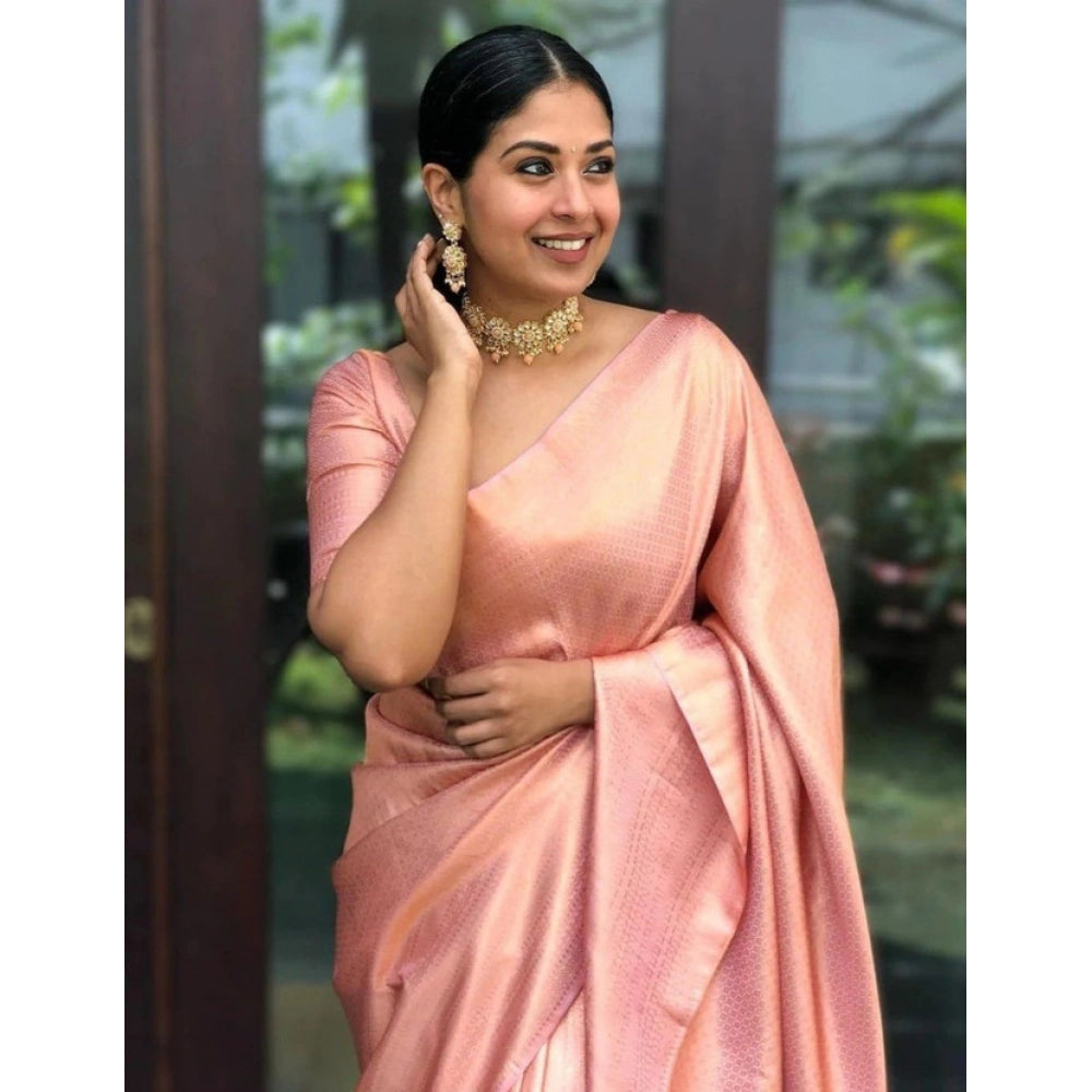 Women'S Litchi Silk Printed Saree With Unstitched Blouse (Peac