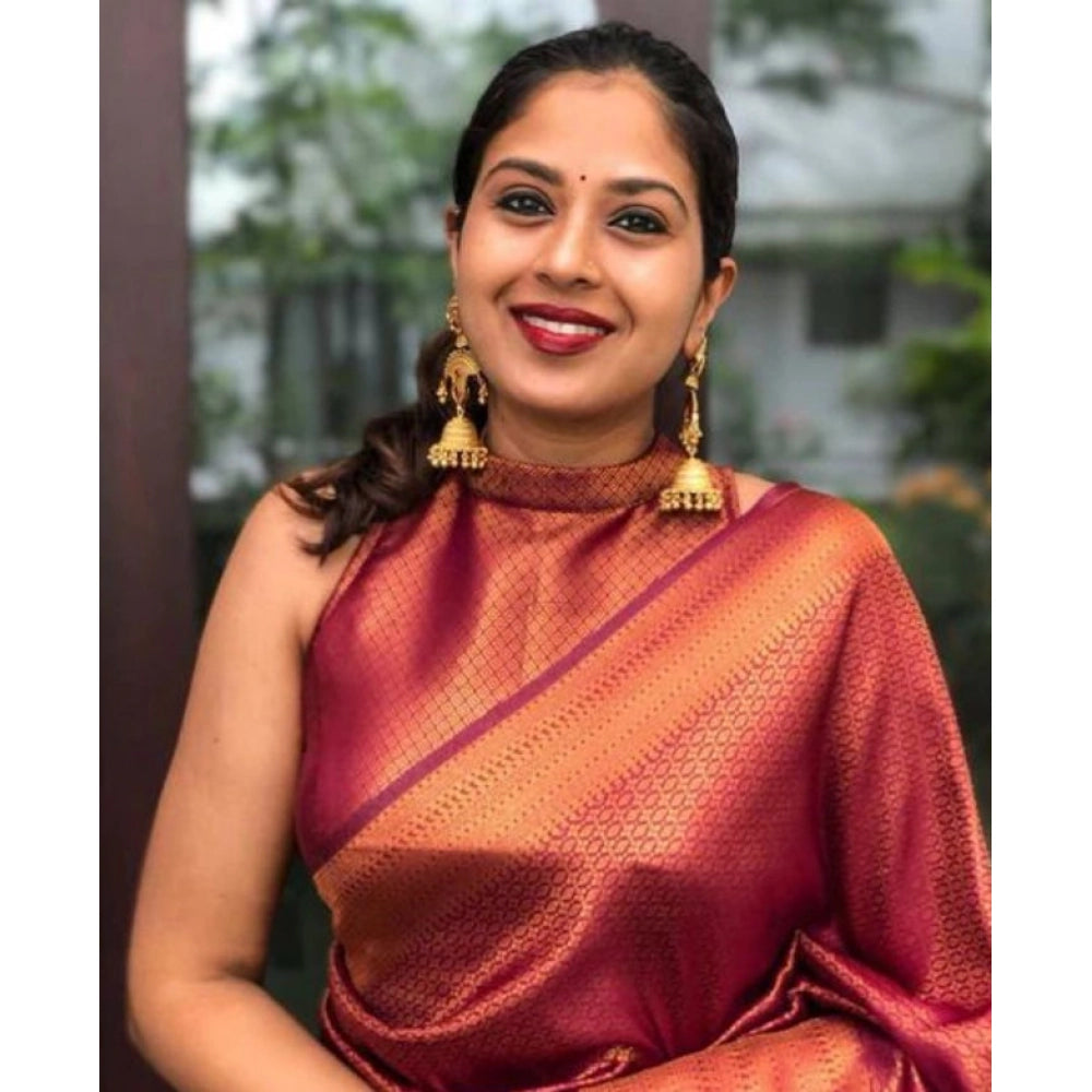 Women'S Litchi Silk Printed Saree With Unstitched Blouse (Red)