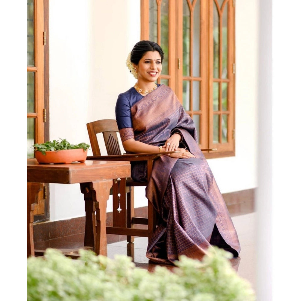 Women'S Litchi Silk Printed Saree With Unstitched Blouse (Navy