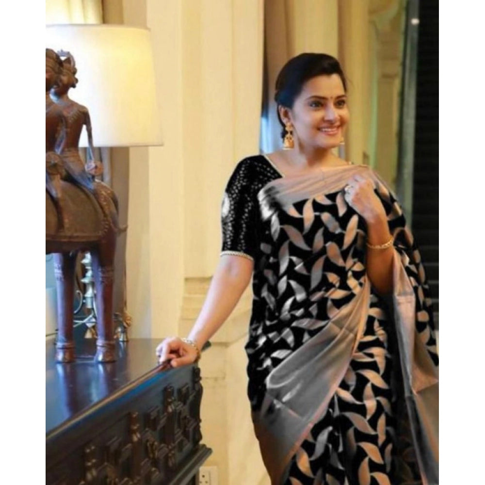 Women'S Litchi Silk Printed Saree With Unstitched Blouse (Blac