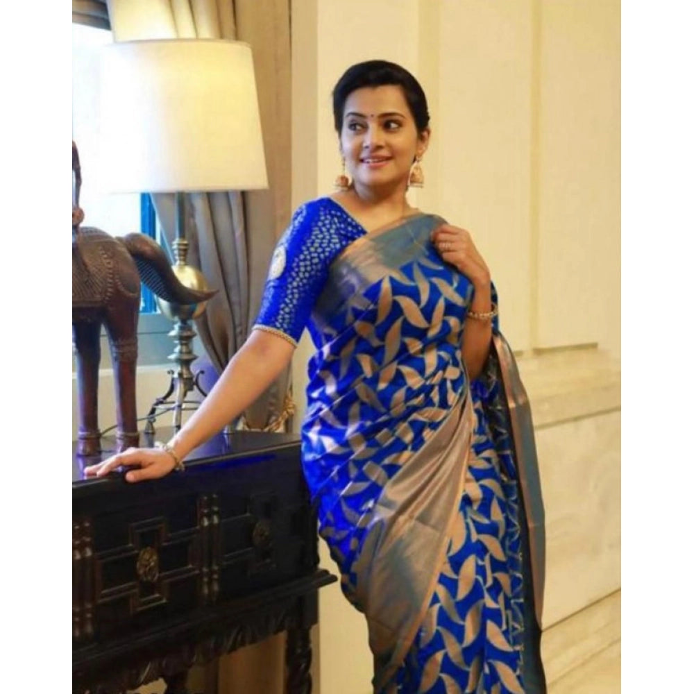 Women'S Litchi Silk Printed Saree With Unstitched Blouse (Blue