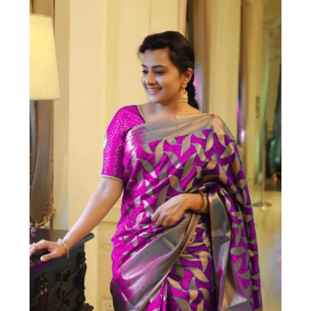 Women'S Litchi Silk Printed Saree With Unstitched Blouse (Pink