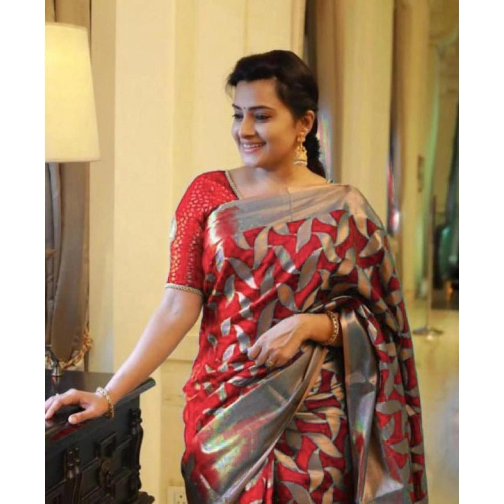 Women'S Litchi Silk Printed Saree With Unstitched Blouse (Red)