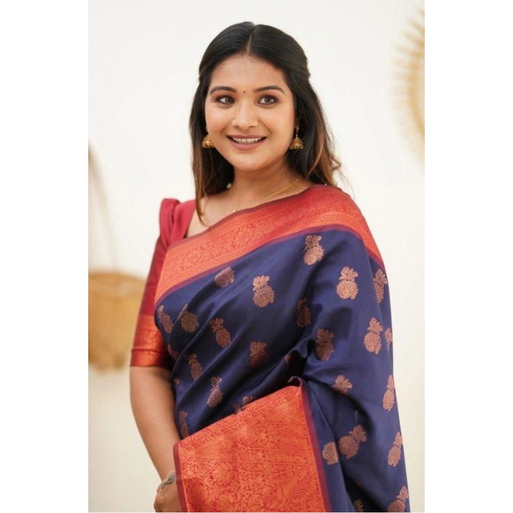 Women'S Litchi Silk Printed Saree With Unstitched Blouse (Blue