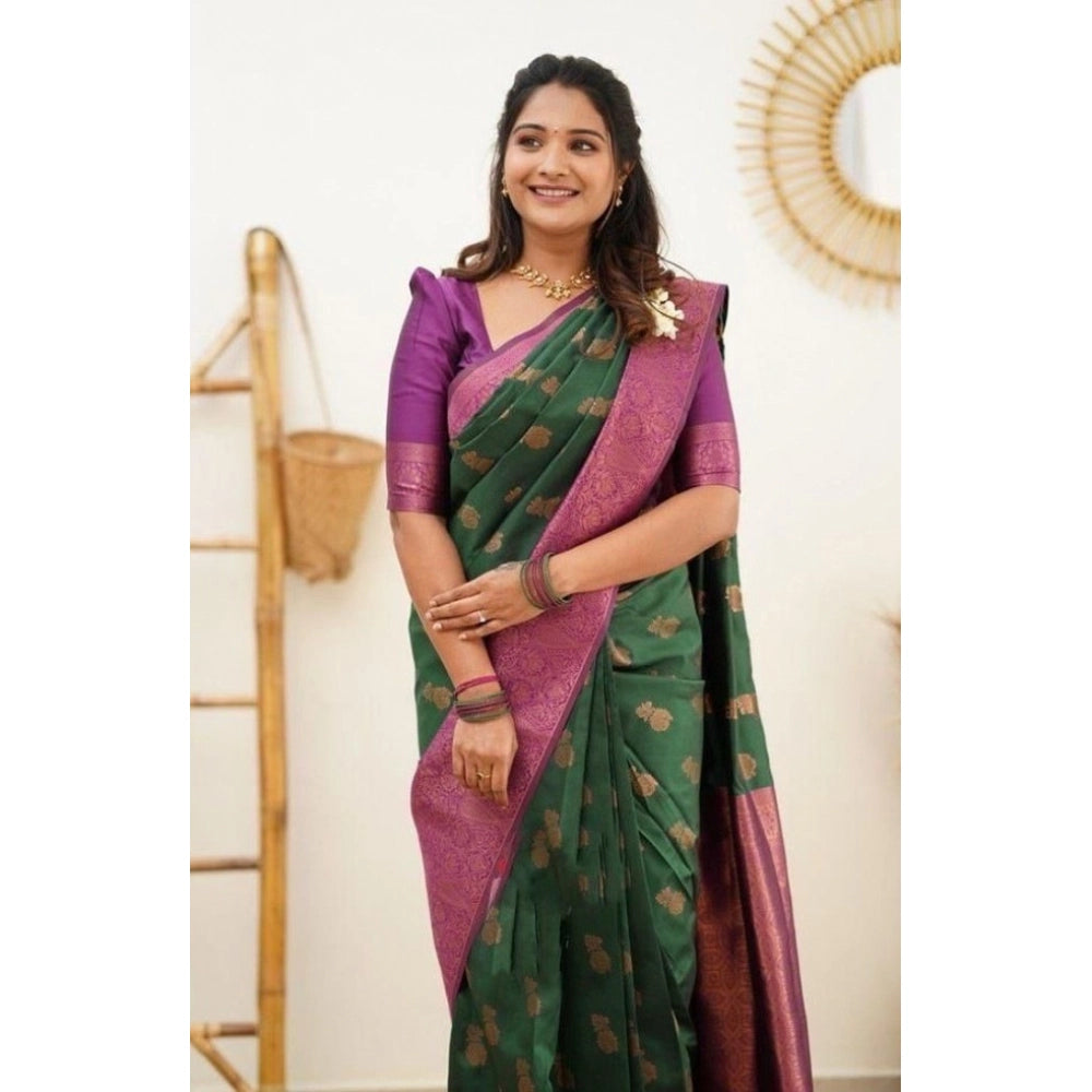Women'S Litchi Silk Printed Saree With Unstitched Blouse (Gree