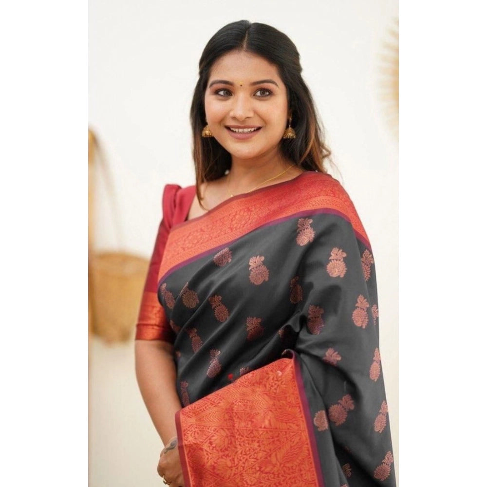 Women'S Litchi Silk Printed Saree With Unstitched Blouse (Grey