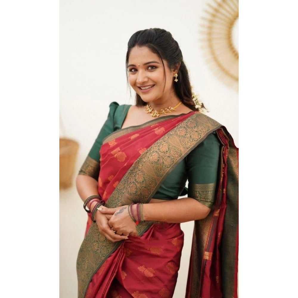 Women'S Litchi Silk Printed Saree With Unstitched Blouse (Red)