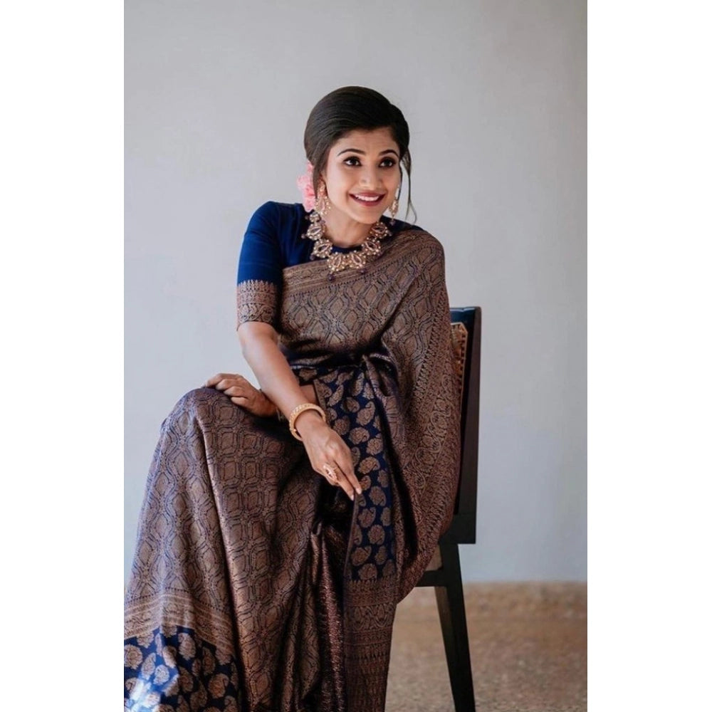 Women'S Litchi Silk Printed Saree With Unstitched Blouse (Blue