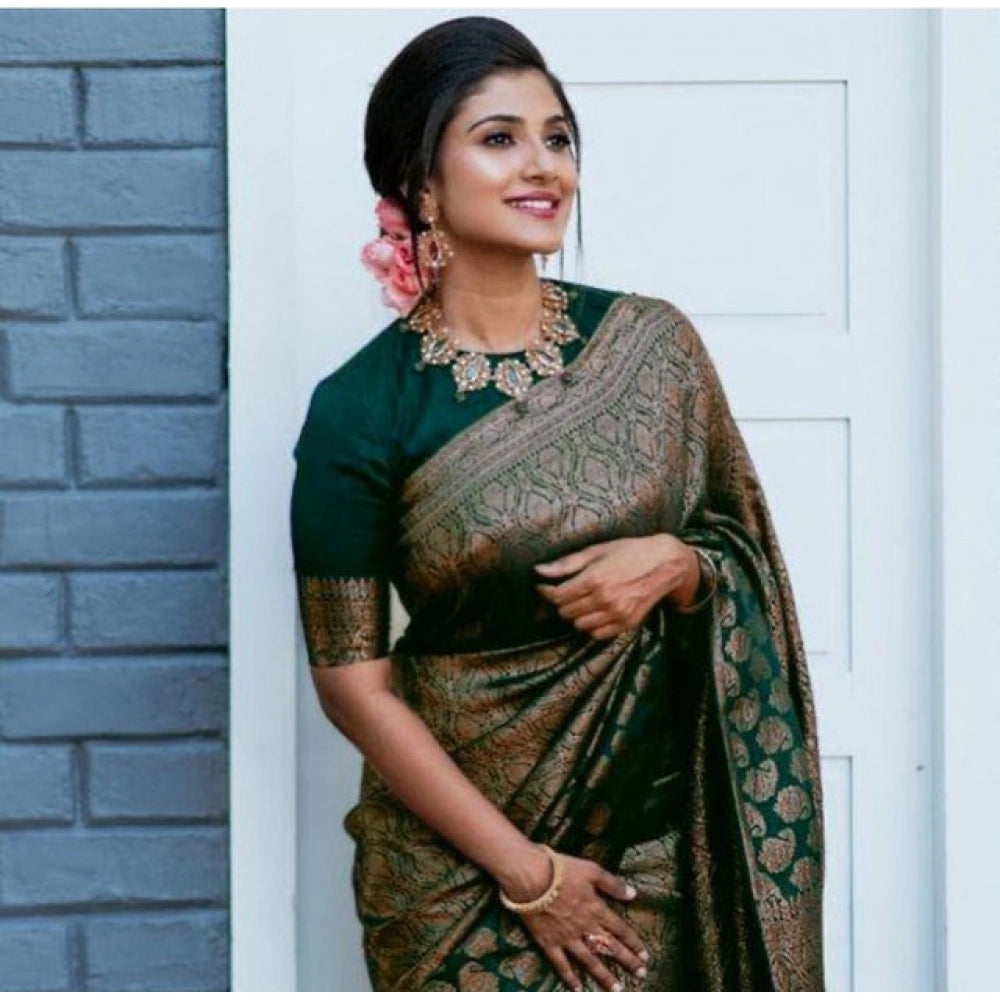 Women'S Litchi Silk Printed Saree With Unstitched Blouse (Gree