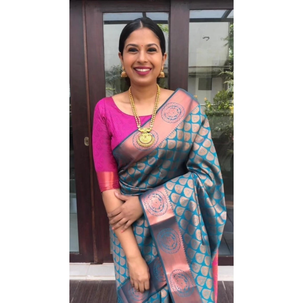 Women'S Litchi Silk Printed Saree With Unstitched Blouse (Blue