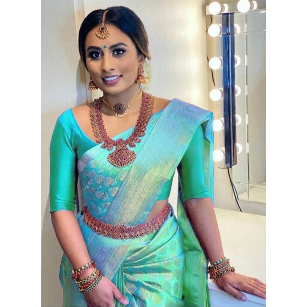 Women'S Litchi Silk Printed Saree With Unstitched Blouse (Gree