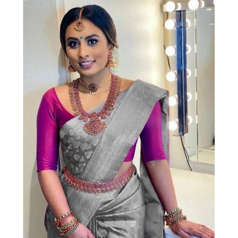 Women'S Litchi Silk Printed Saree With Unstitched Blouse (Grey