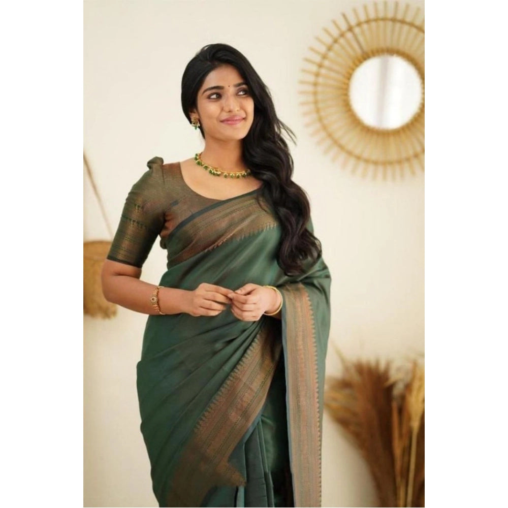 Women'S Litchi Silk Printed Saree With Unstitched Blouse (Gree