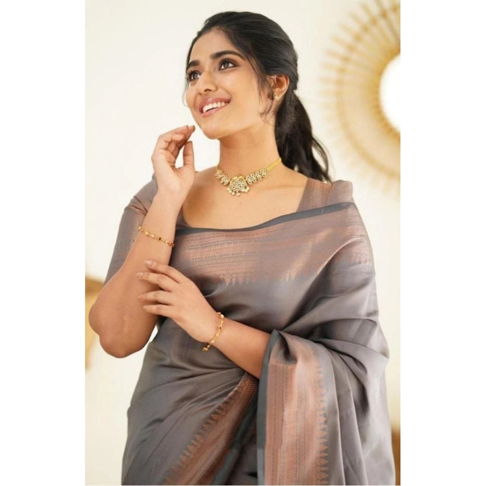Women'S Litchi Silk Printed Saree With Unstitched Blouse (Grey