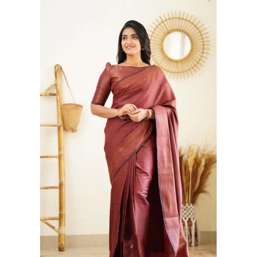 Women'S Litchi Silk Printed Saree With Unstitched Blouse (Maro