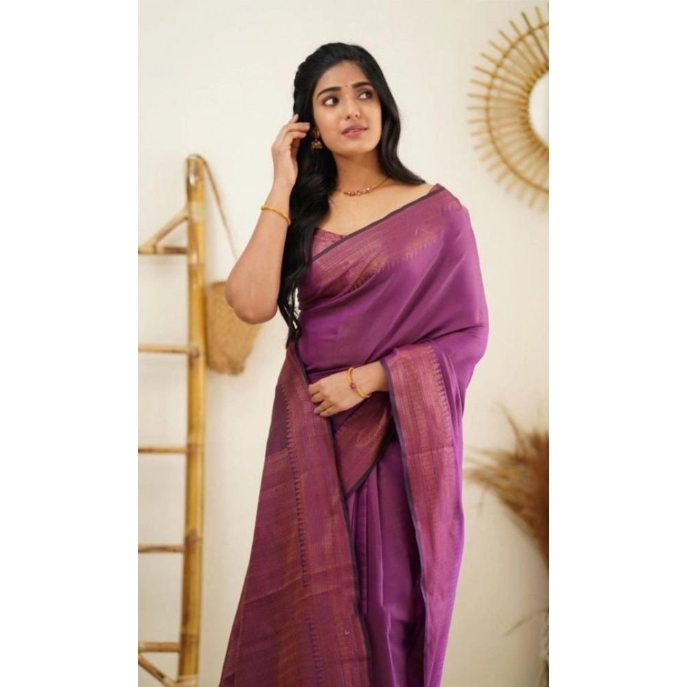 Women'S Litchi Silk Printed Saree With Unstitched Blouse (Purp