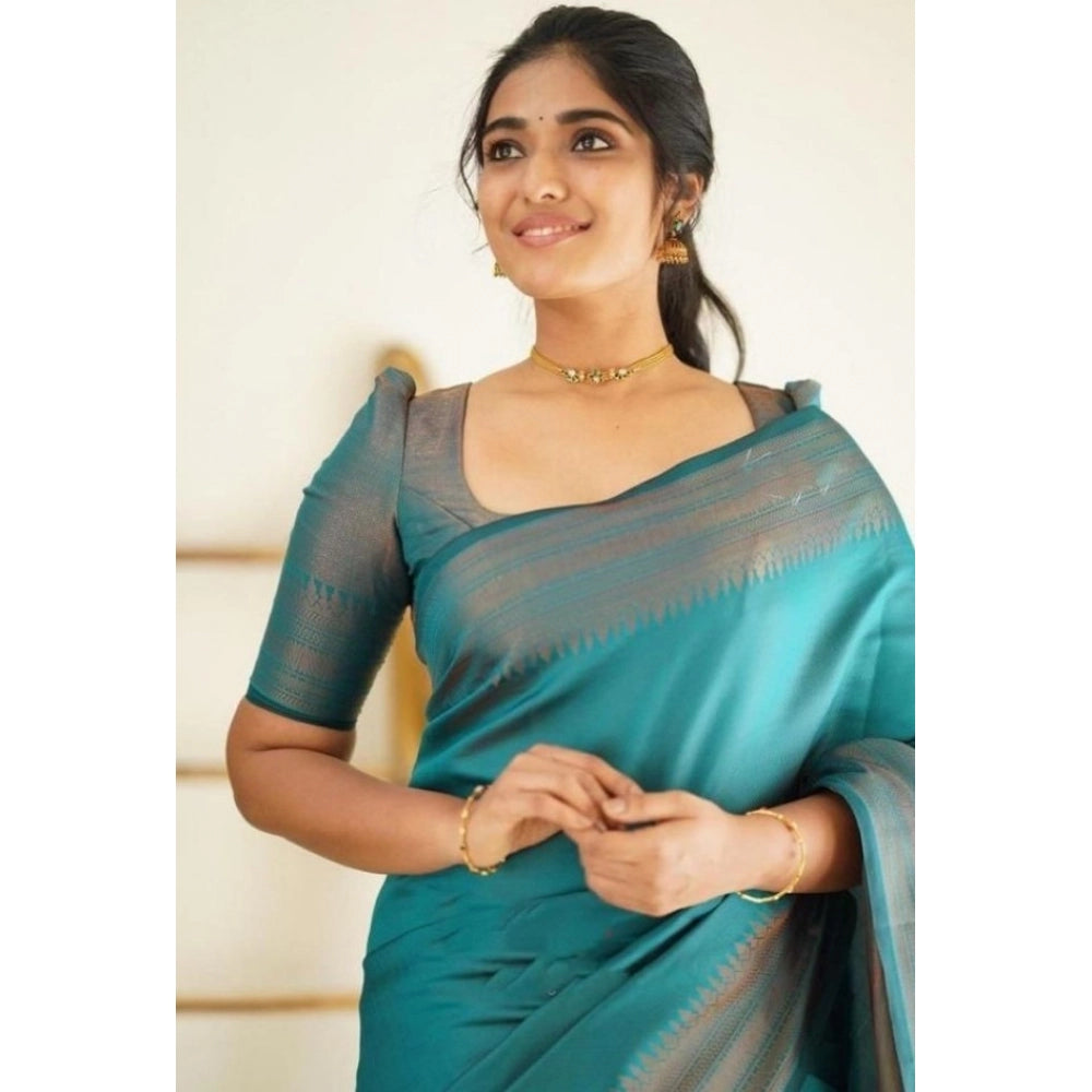 Women'S Litchi Silk Printed Saree With Unstitched Blouse (Rama