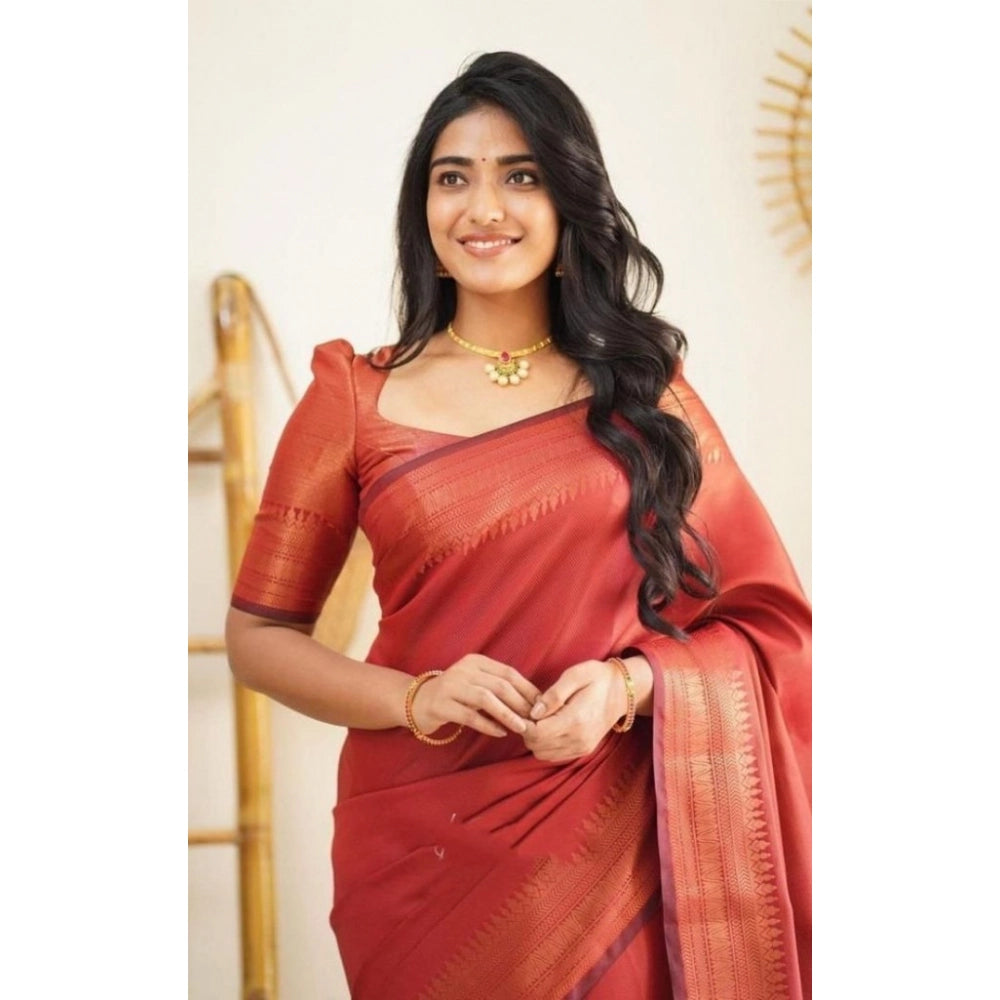 Women'S Litchi Silk Printed Saree With Unstitched Blouse (Red)