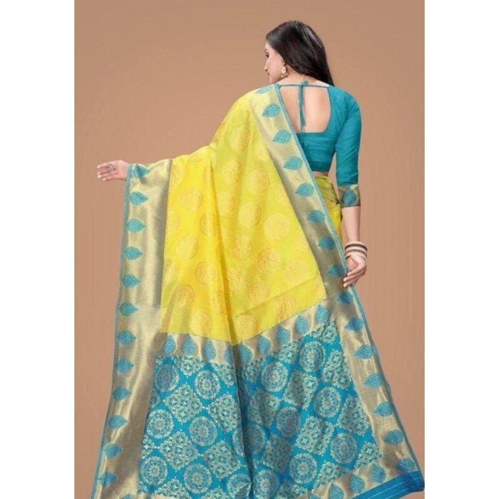 Women'S Litchi Silk Printed Saree With Unstitched Blouse (Yell