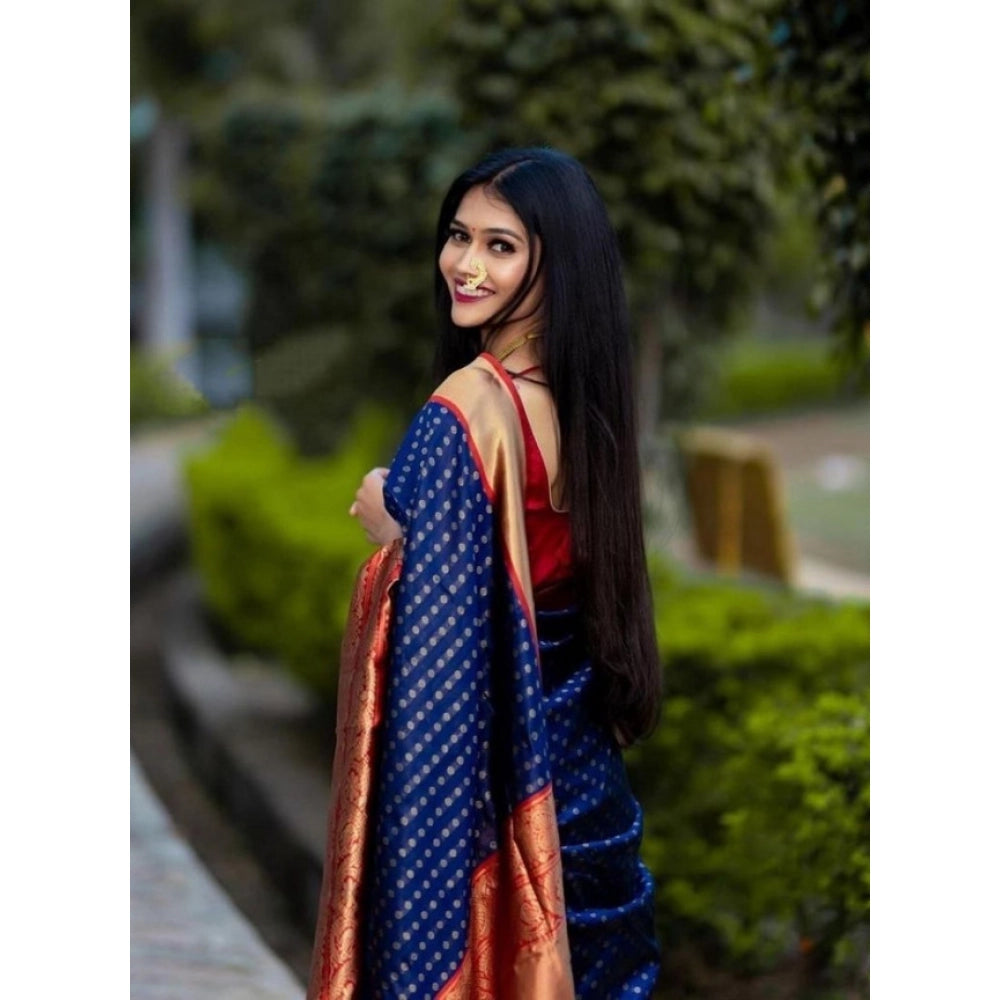 Women'S Litchi Silk Printed Saree With Unstitched Blouse (Blue