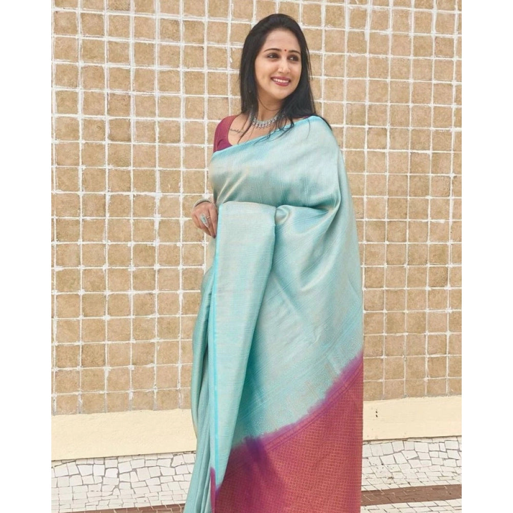 Women'S Litchi Silk Printed Saree With Unstitched Blouse (Blue