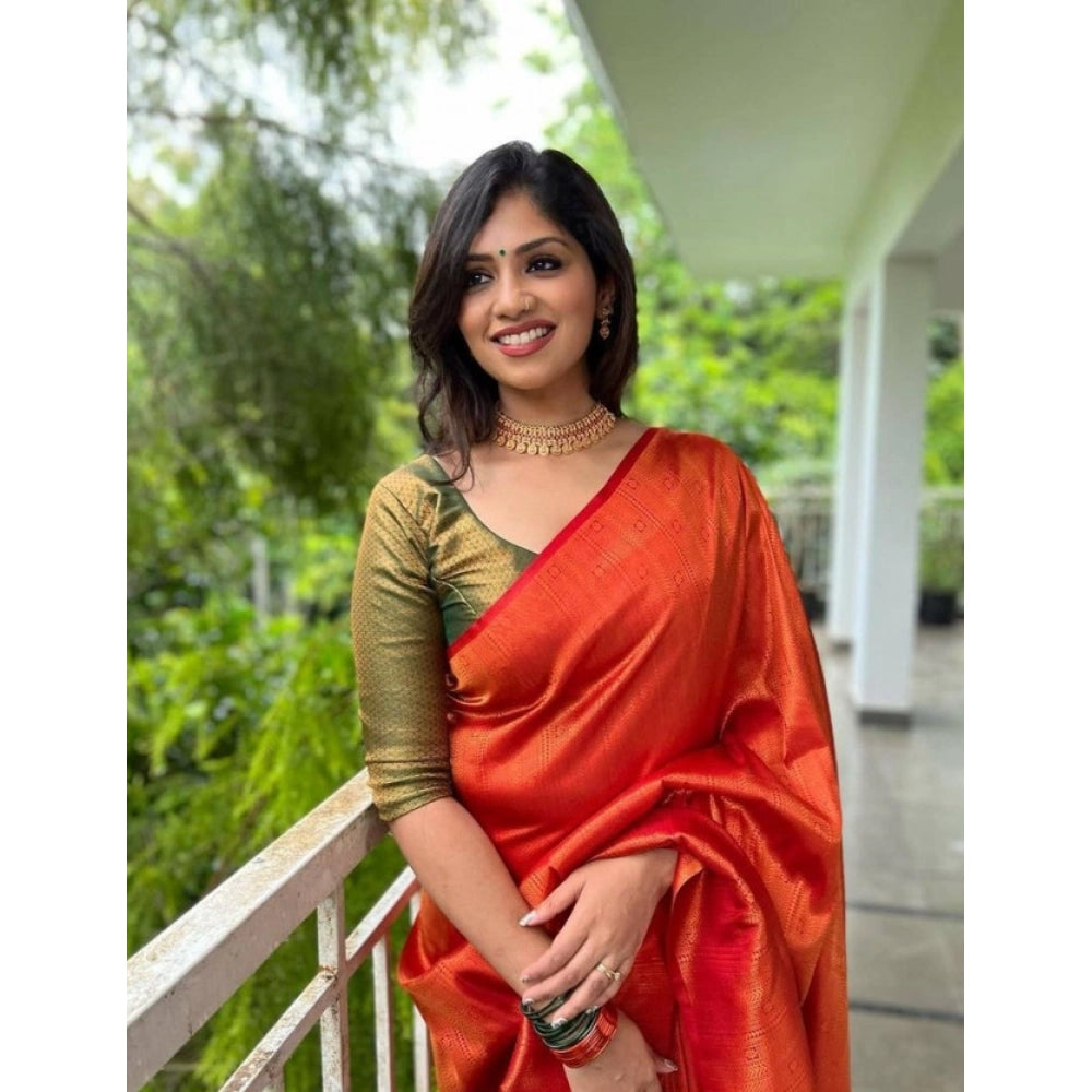 Women'S Litchi Silk Printed Saree With Unstitched Blouse (Red)