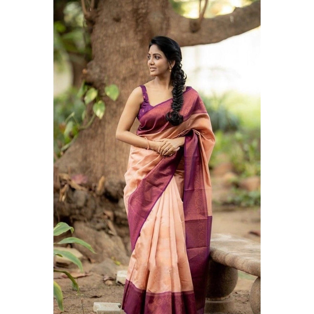 Women'S Litchi Silk Printed Saree With Unstitched Blouse (Beig