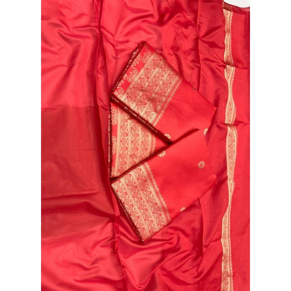 Women'S Litchi Silk Printed Saree With Unstitched Blouse (Red)