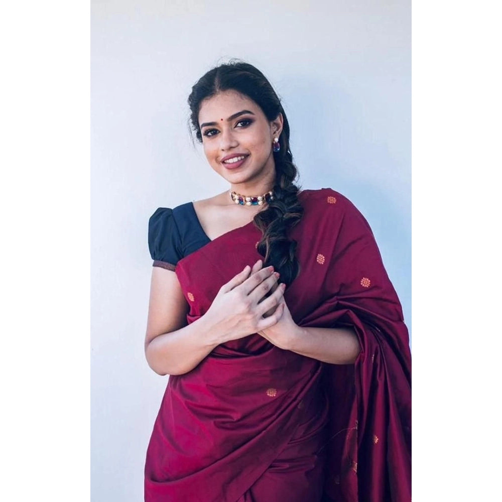 Women'S Litchi Silk Printed Saree With Unstitched Blouse (Red)