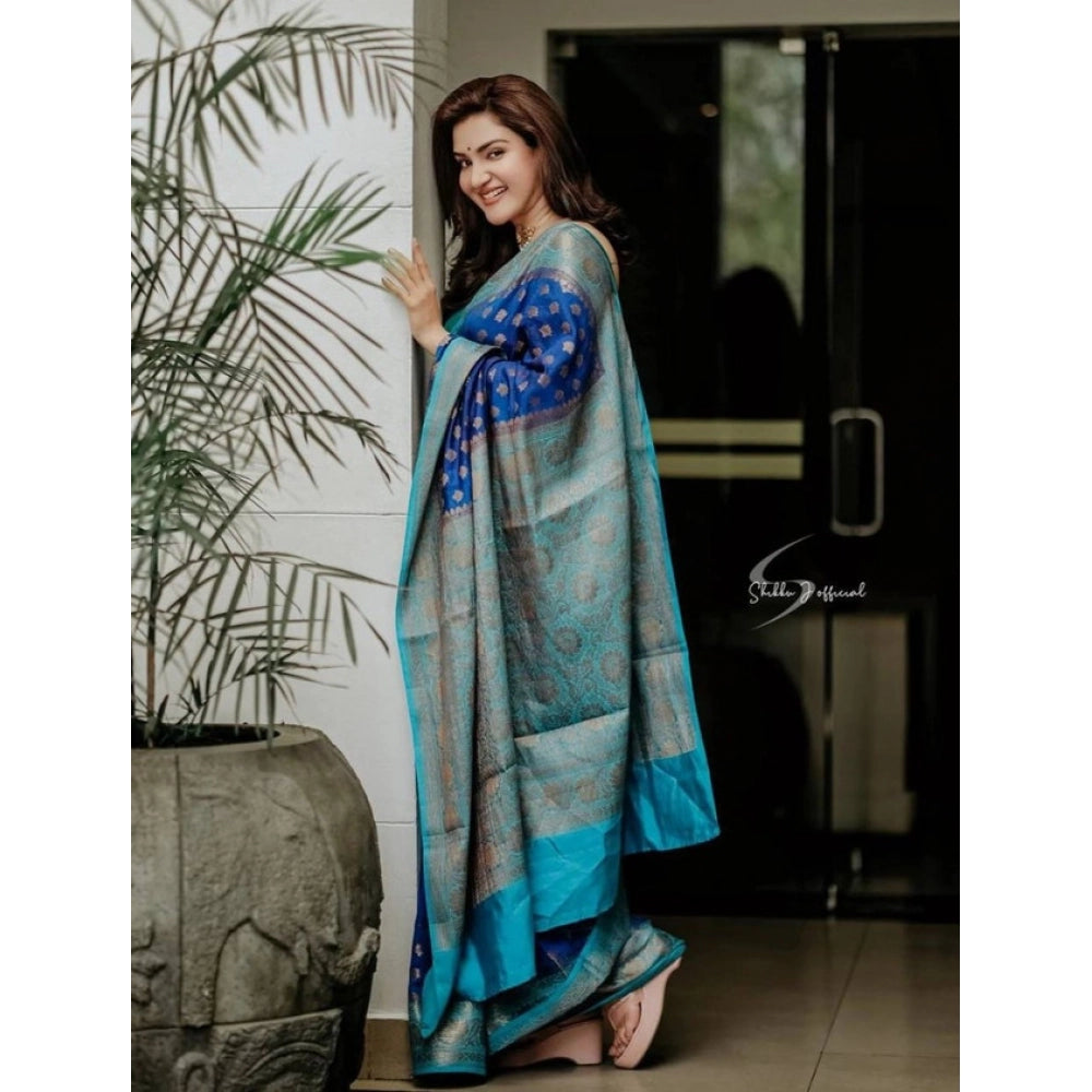 Women'S Litchi Silk Printed Saree With Unstitched Blouse (Navy