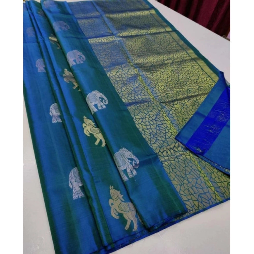 Women'S Litchi Silk Printed Saree With Unstitched Blouse (Turq