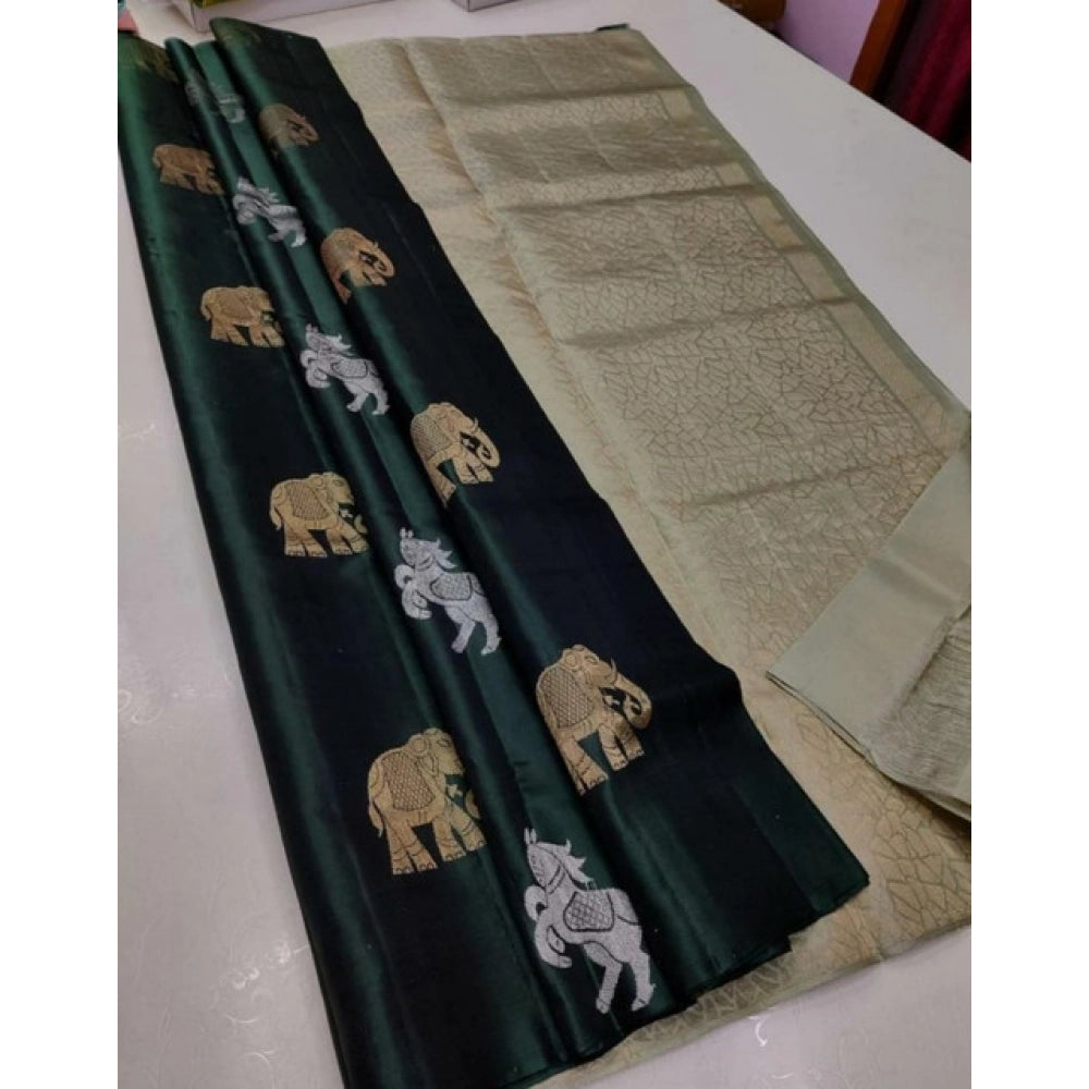 Women'S Litchi Silk Printed Saree With Unstitched Blouse (Gree