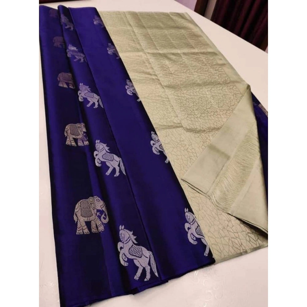 Women'S Litchi Silk Printed Saree With Unstitched Blouse (Navy