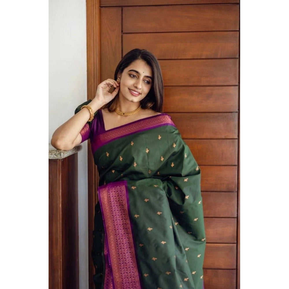 Women'S Litchi Silk Printed Saree With Unstitched Blouse (Dark