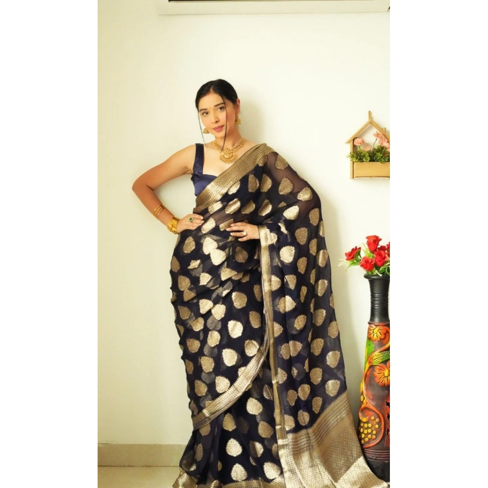 Women'S Litchi Silk Printed Saree With Unstitched Blouse (Blac