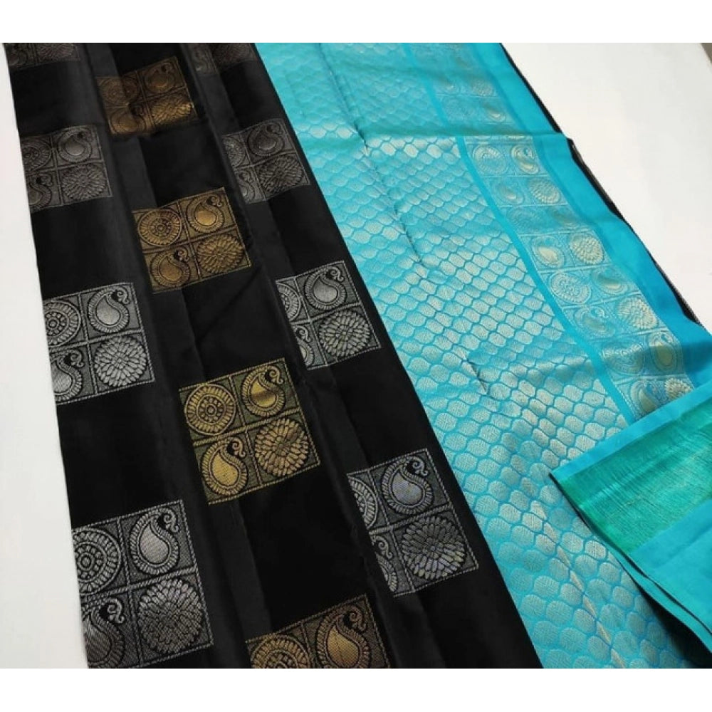 Women'S Litchi Silk Printed Saree With Unstitched Blouse (Blac