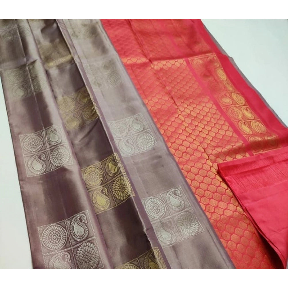 Women'S Litchi Silk Printed Saree With Unstitched Blouse (Brow