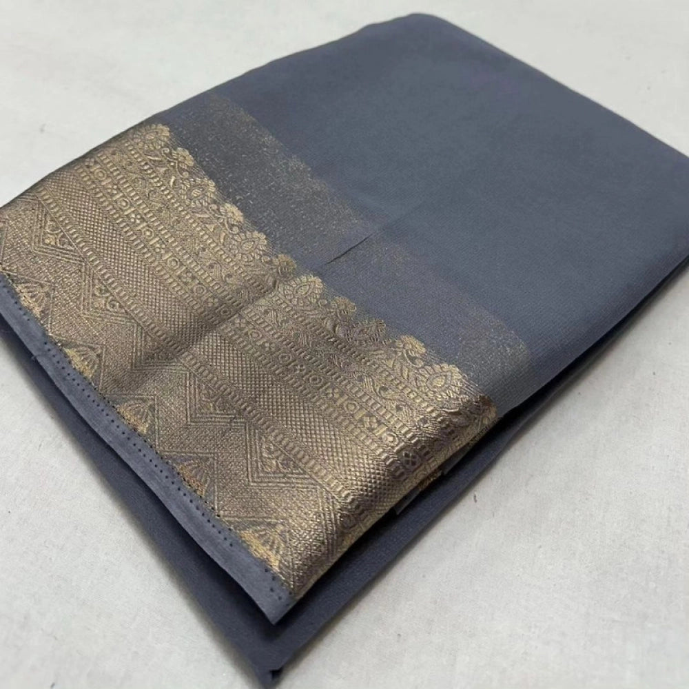 Women'S Crepe Chit Pallu Solid Saree With Unstitched Blouse 5.