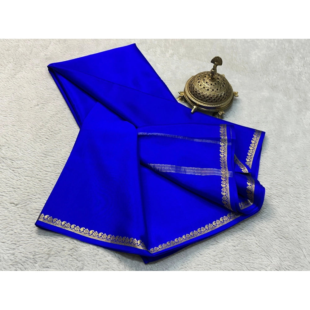 Women's Crepe Chit Pallu Solid Saree With Unstitched Blouse 5.5Mtr (Blue) - VANSHELLE