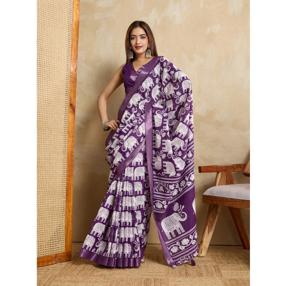 Women'S Silk Blend Printed Saree With Unstitched Blouse 5.5Mtr