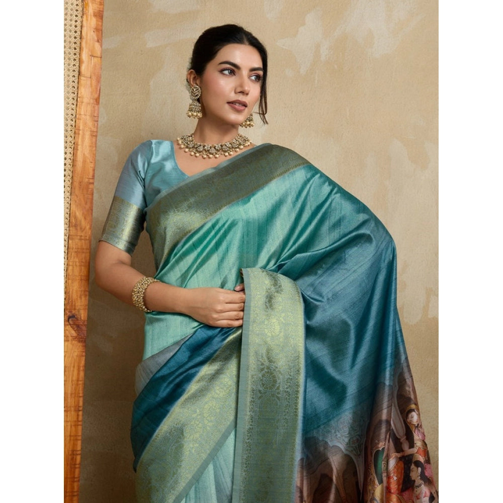 Women'S Silk Printed Saree With Unstitched Blouse 5.5Mtr (Blue