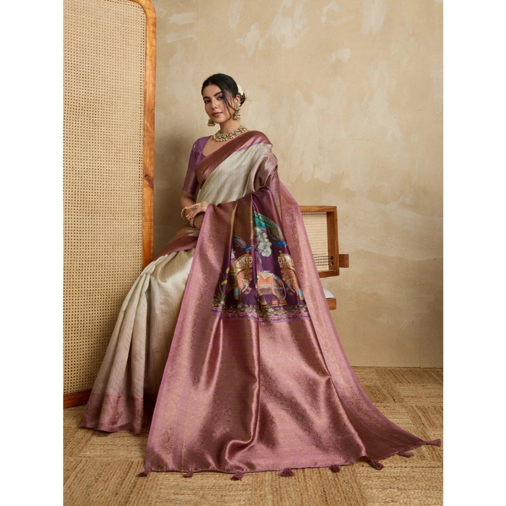 Women'S Silk Printed Saree With Unstitched Blouse 5.5Mtr (Wine