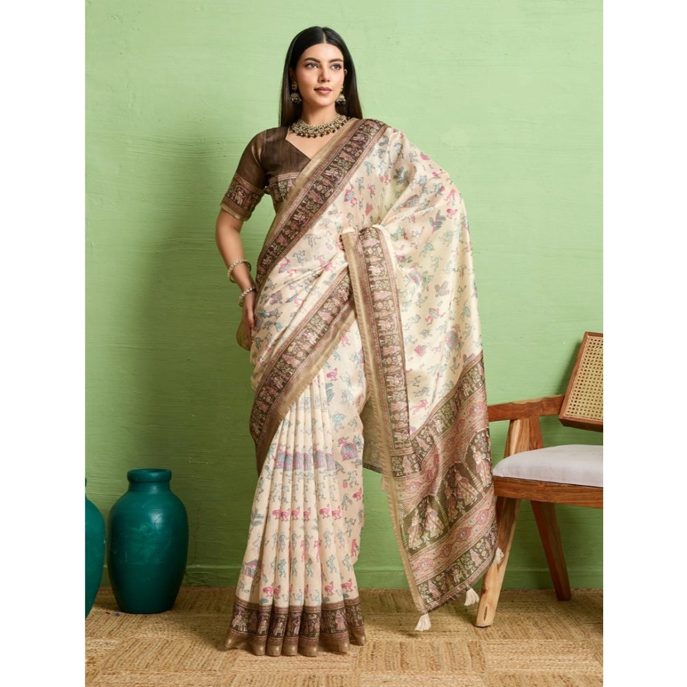 Women'S Silk Blend Printed Saree With Unstitched Blouse 5.5Mtr
