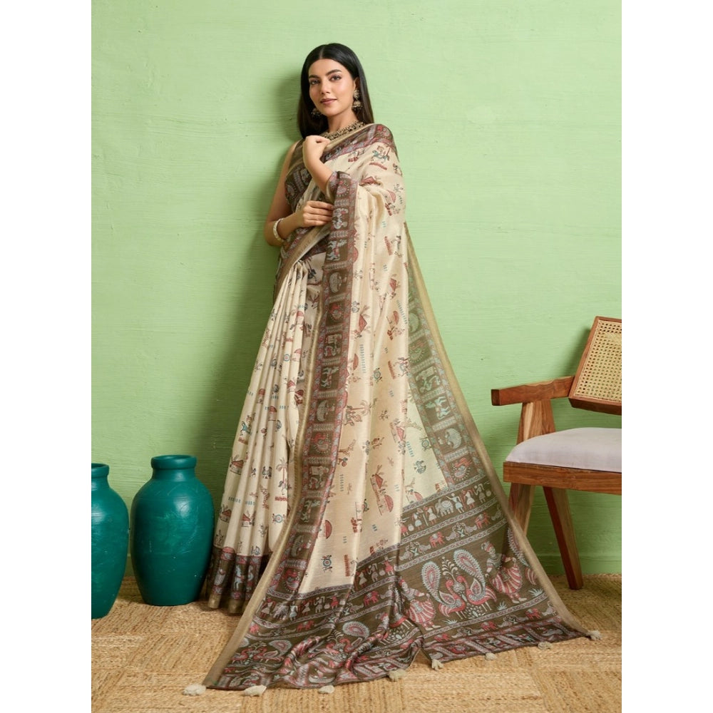 Women'S Silk Blend Printed Saree With Unstitched Blouse 5.5Mtr