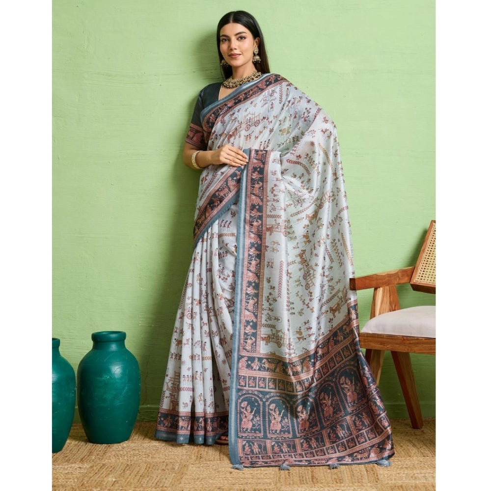 Women'S Silk Blend Printed Saree With Unstitched Blouse 5.5Mtr