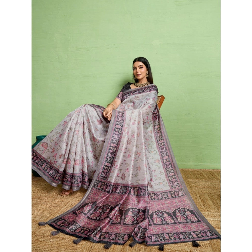 Women'S Silk Blend Printed Saree With Unstitched Blouse 5.5Mtr