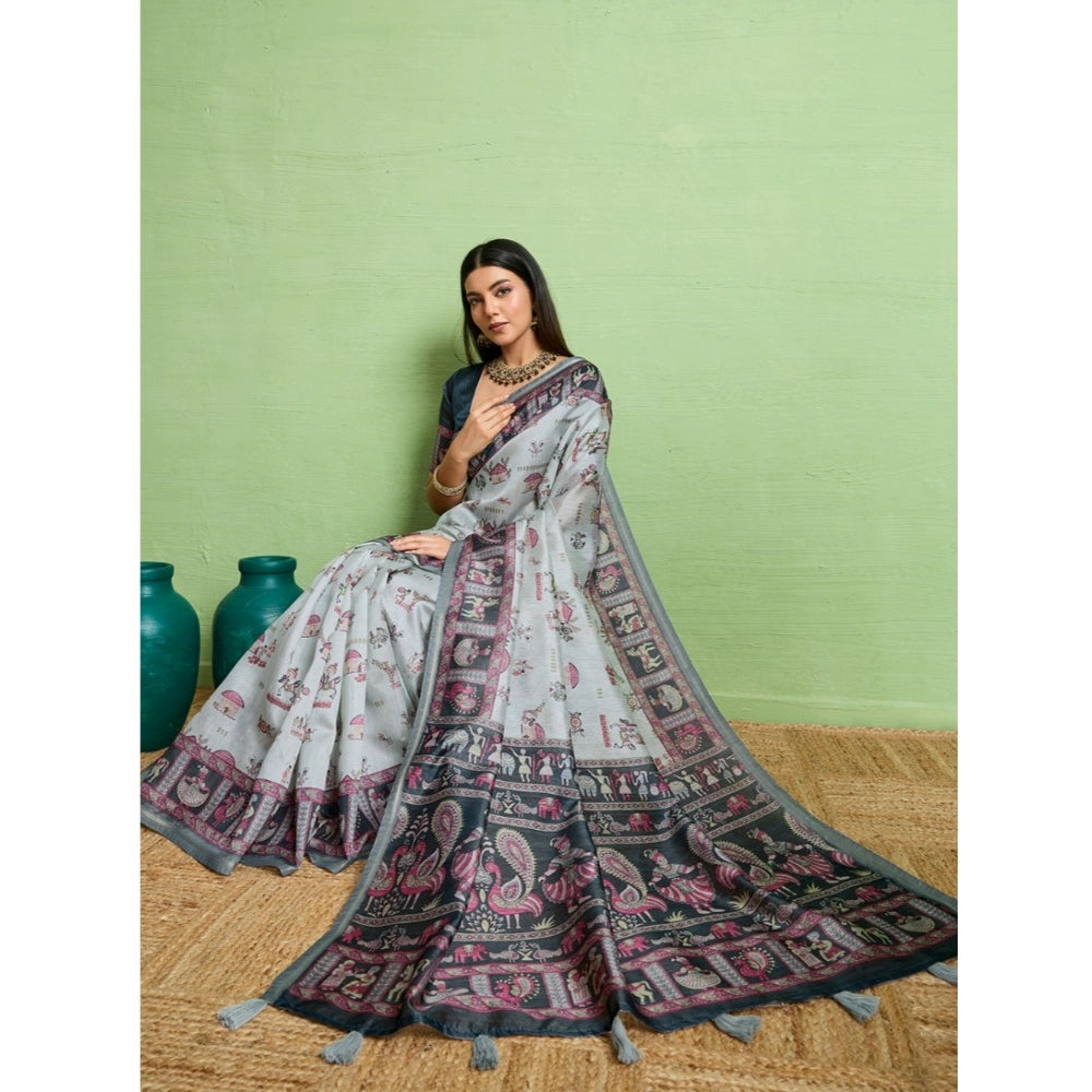Women'S Silk Blend Printed Saree With Unstitched Blouse 5.5Mtr